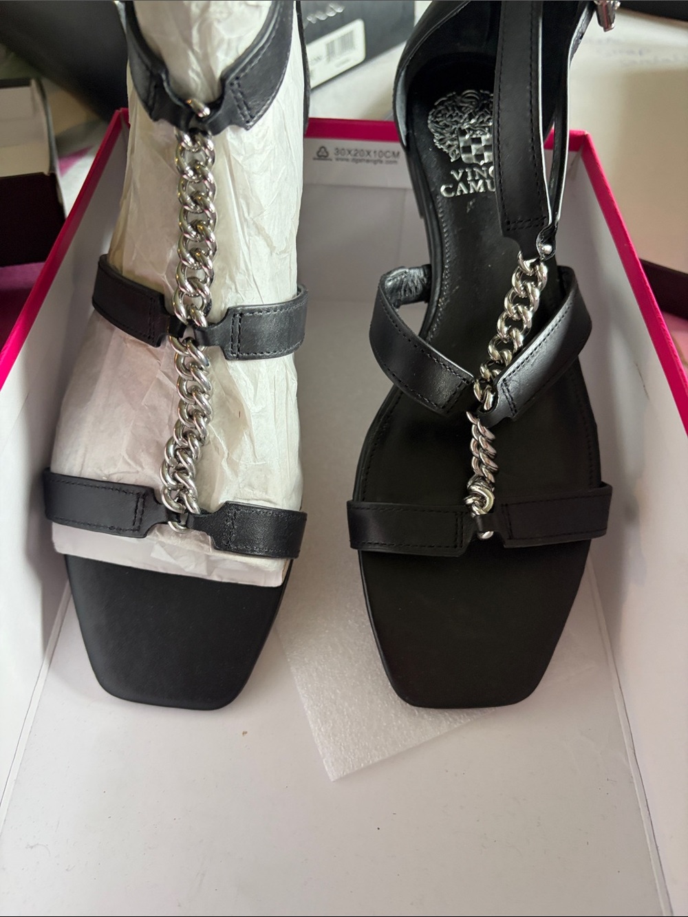 Vince Camuto Black Leather T-Strap Sandals with Silver Chain Accent
